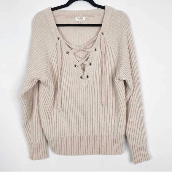 Umgee Chenille Lace Up Drawstring Sweater Cream S - Picture 2 of 10